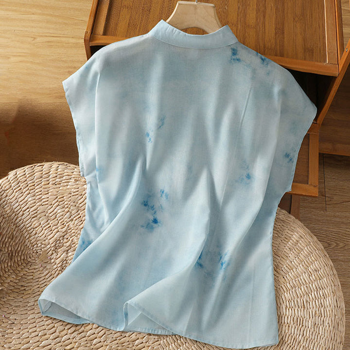 Buddha Stones Camicia da donna senza maniche con bottoni a forma di rana, azzurra - image 1