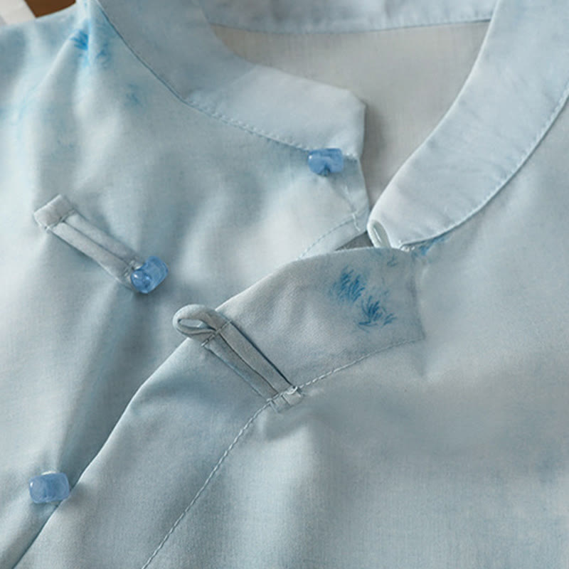 Buddha Stones Camicia da donna senza maniche con bottoni a forma di rana, azzurra - image 6