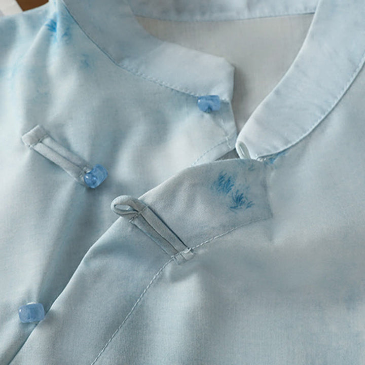 Buddha Stones Camicia da donna senza maniche con bottoni a forma di rana, azzurra - image 6