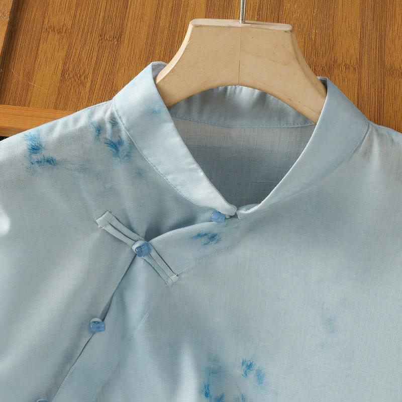 Buddha Stones Camicia da donna senza maniche con bottoni a forma di rana, azzurra - image 5