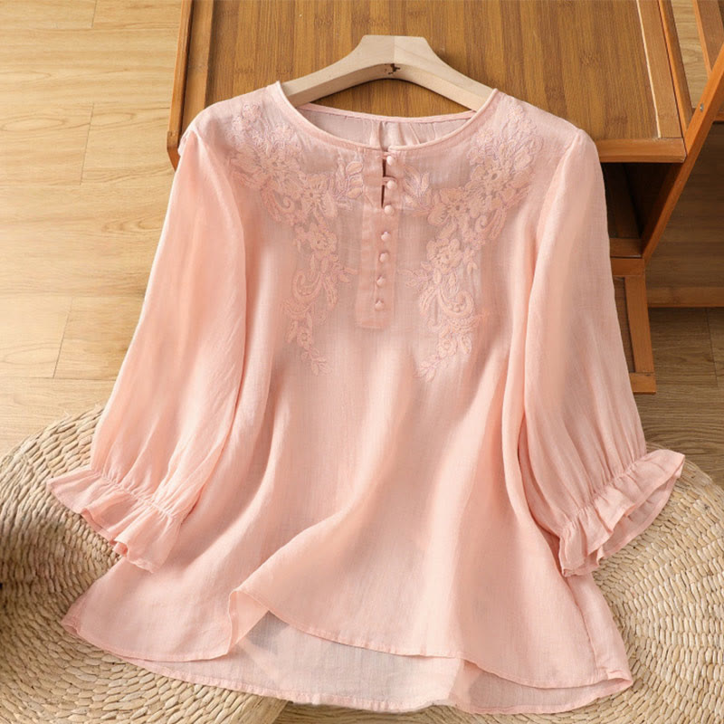 Camicia da donna con scollo rotondo e maniche a tre quarti, ricamata con fiori e viticci Buddha Stones. - Rosa chiaro - US12, UK/AU16, EU44 (2XL) - image 17