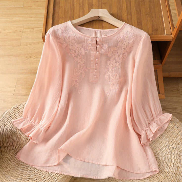 Camicia da donna con scollo rotondo e maniche a tre quarti, ricamata con fiori e viticci Buddha Stones. - Rosa chiaro - US12, UK/AU16, EU44 (2XL) - image 17
