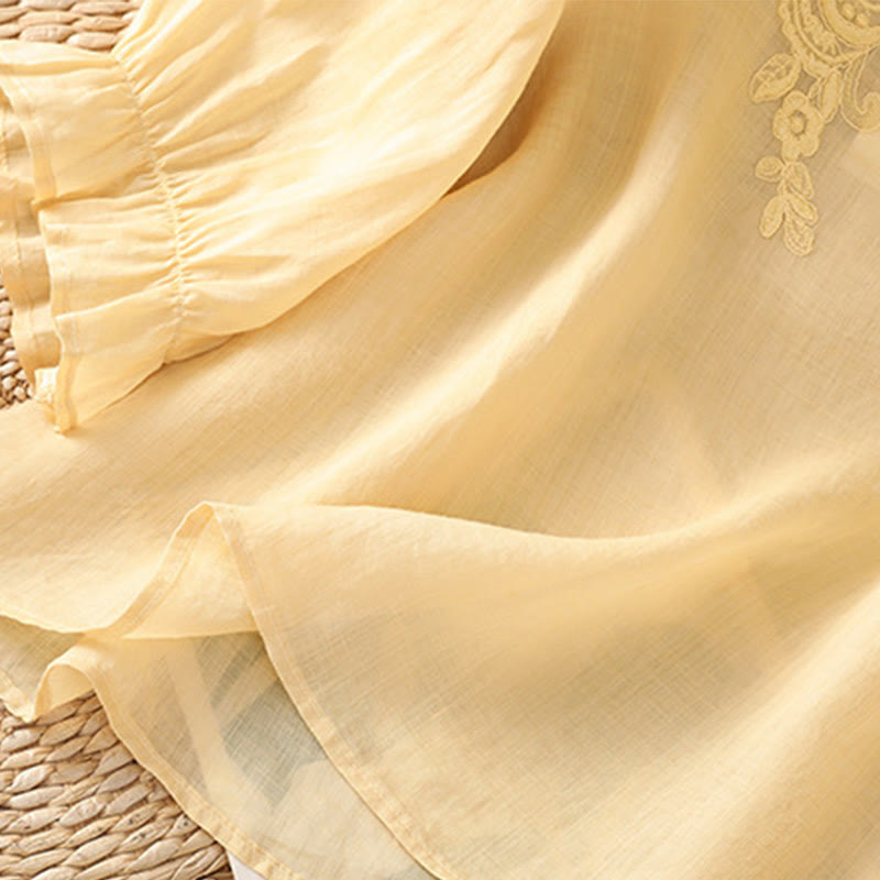 Camicia da donna con scollo rotondo e maniche a tre quarti, ricamata con fiori e viticci Buddha Stones. - image 8