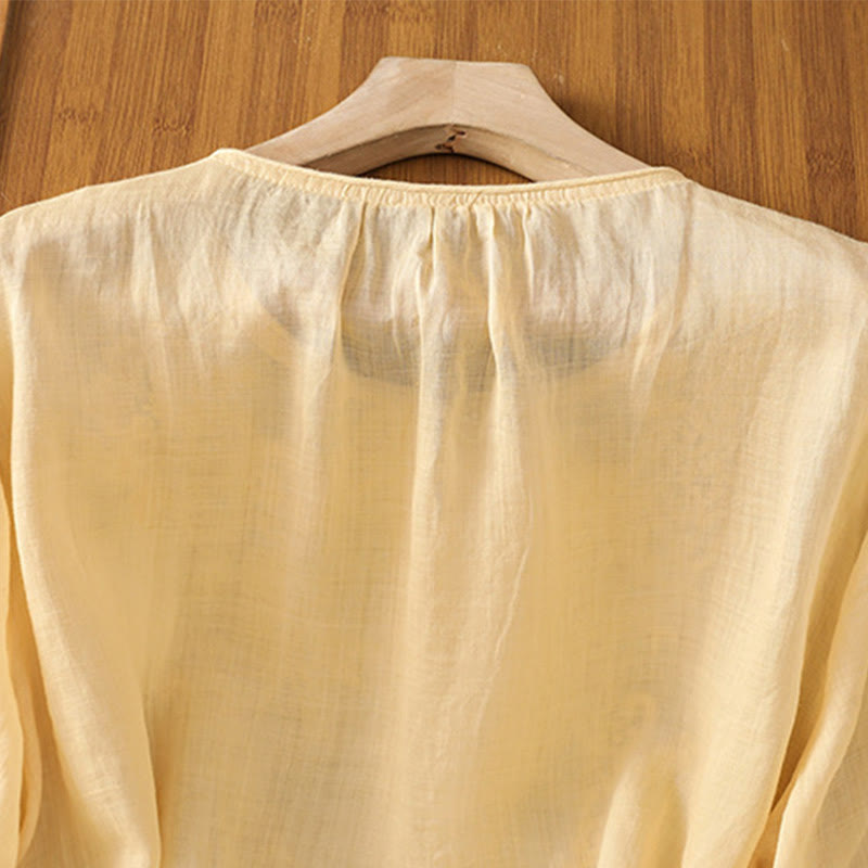 Camicia da donna con scollo rotondo e maniche a tre quarti, ricamata con fiori e viticci Buddha Stones. - image 5