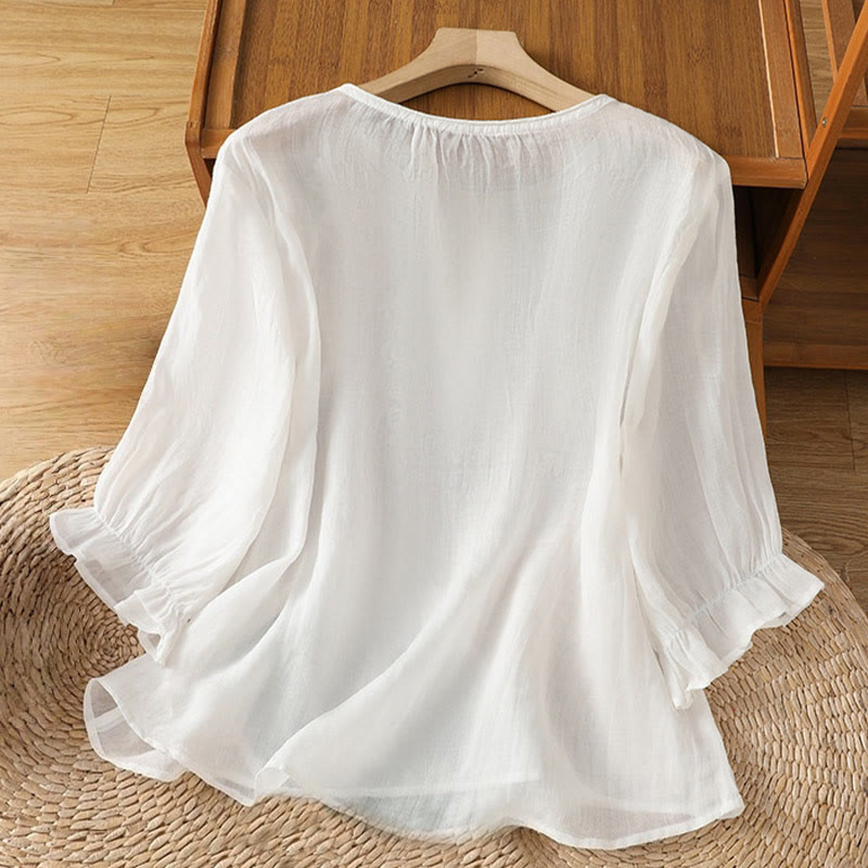 Buddha Stones Camicia da donna in cotone con maniche a tre quarti, scollo rotondo e bottoni ricamati a fiori - image 10