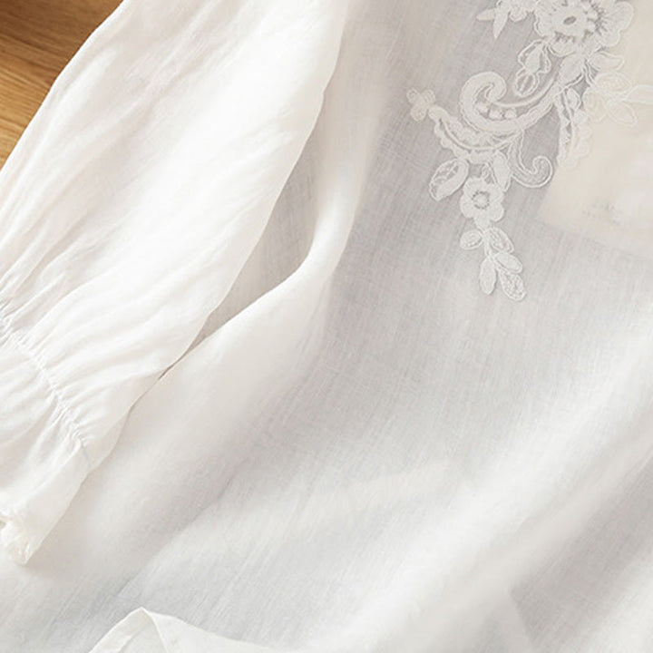 Camicia da donna con scollo rotondo e maniche a tre quarti, ricamata con fiori e viticci Buddha Stones. - image 14
