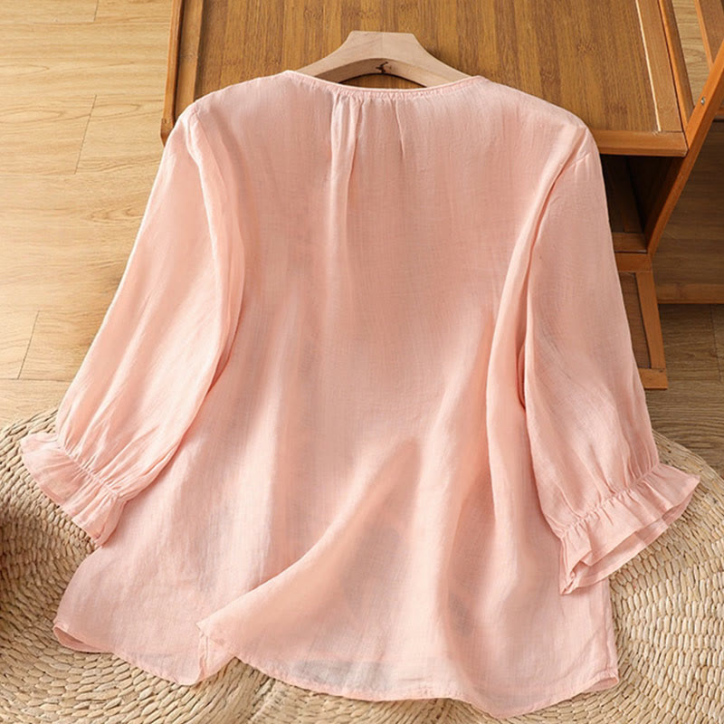 Buddha Stones Camicia da donna in cotone con maniche a tre quarti, scollo rotondo e bottoni ricamati a fiori - image 18