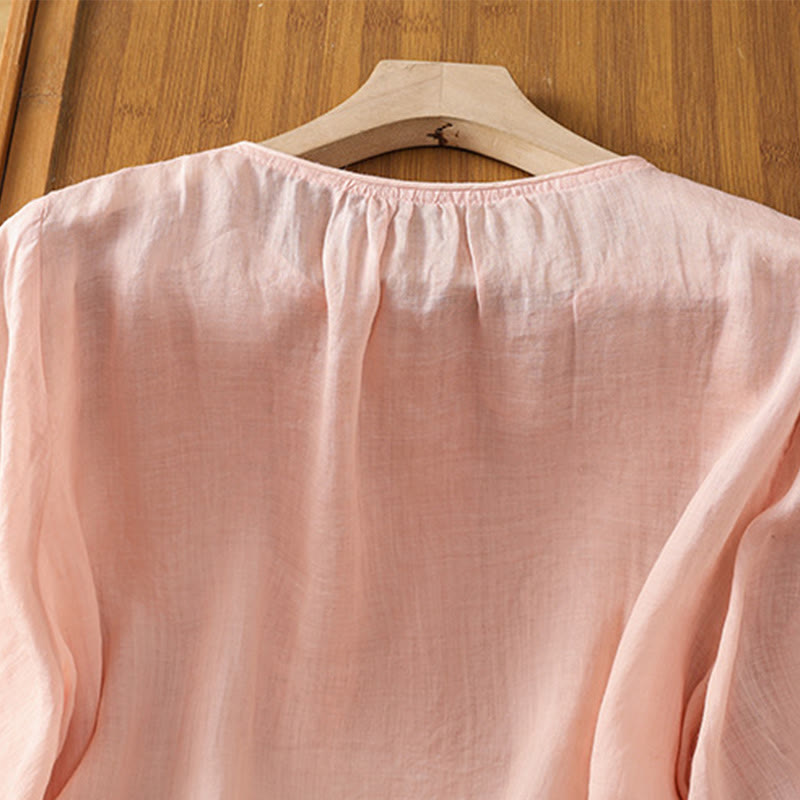 Buddha Stones Camicia da donna in cotone con maniche a tre quarti, scollo rotondo e bottoni ricamati a fiori - image 20