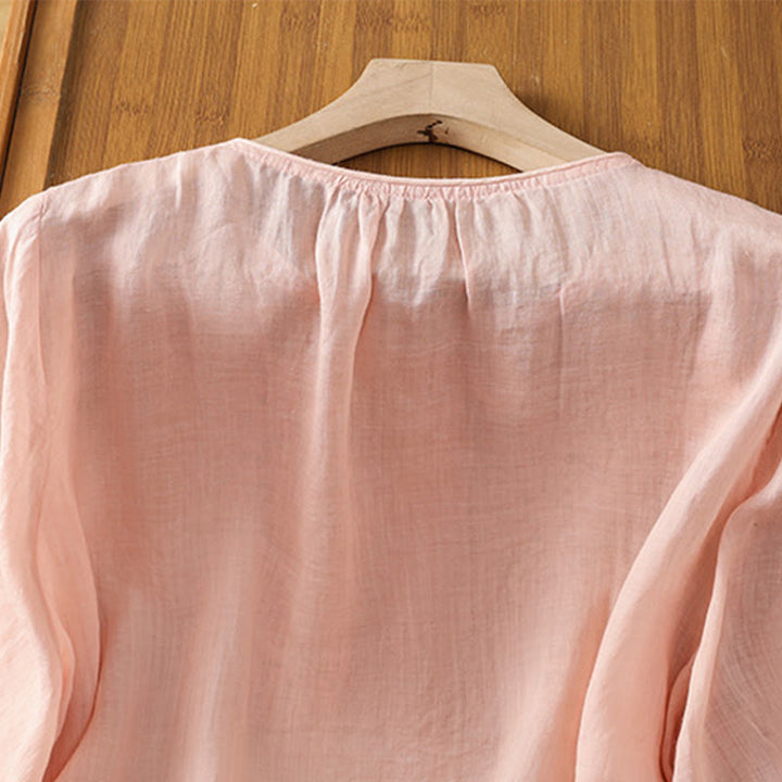 Buddha Stones Camicia da donna in cotone con maniche a tre quarti, scollo rotondo e bottoni ricamati a fiori - image 20