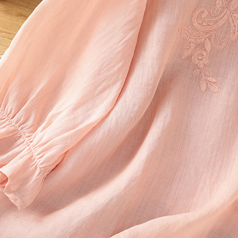 Buddha Stones Camicia da donna in cotone con maniche a tre quarti, scollo rotondo e bottoni ricamati a fiori - image 22