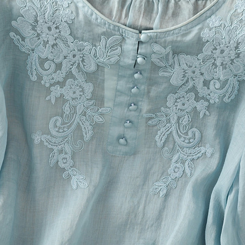 Buddha Stones Camicia da donna in cotone con maniche a tre quarti, scollo rotondo e bottoni ricamati a fiori - image 30