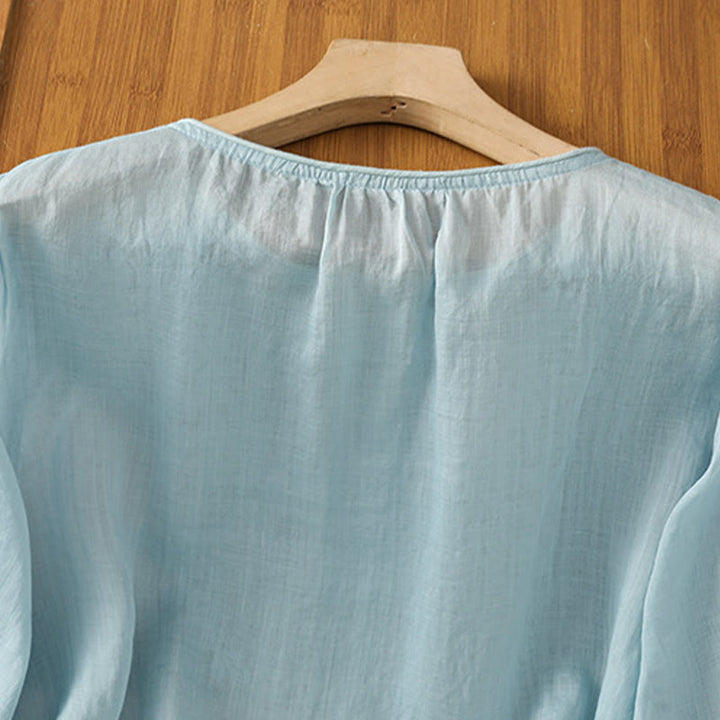 Camicia da donna con scollo rotondo e maniche a tre quarti, ricamata con fiori e viticci Buddha Stones. - image 28