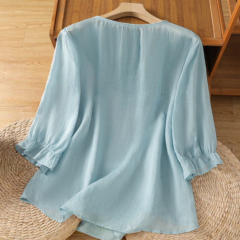 Camicia da donna con scollo rotondo e maniche a tre quarti, ricamata con fiori e viticci Buddha Stones. - image 26