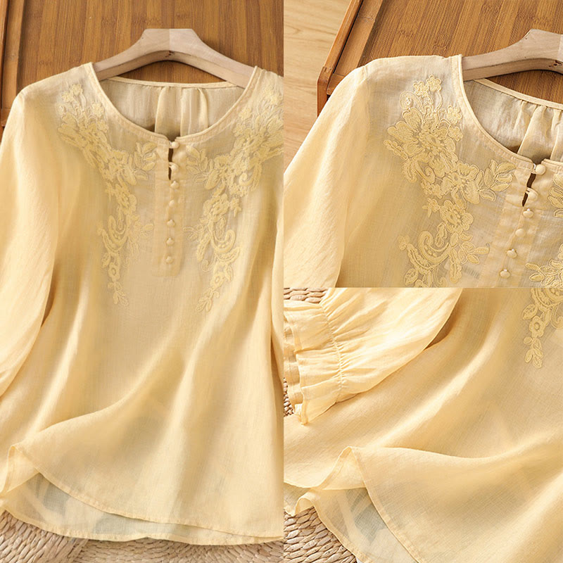 Buddha Stones Camicia da donna in cotone con maniche a tre quarti, scollo rotondo e bottoni ricamati a fiori - image 3