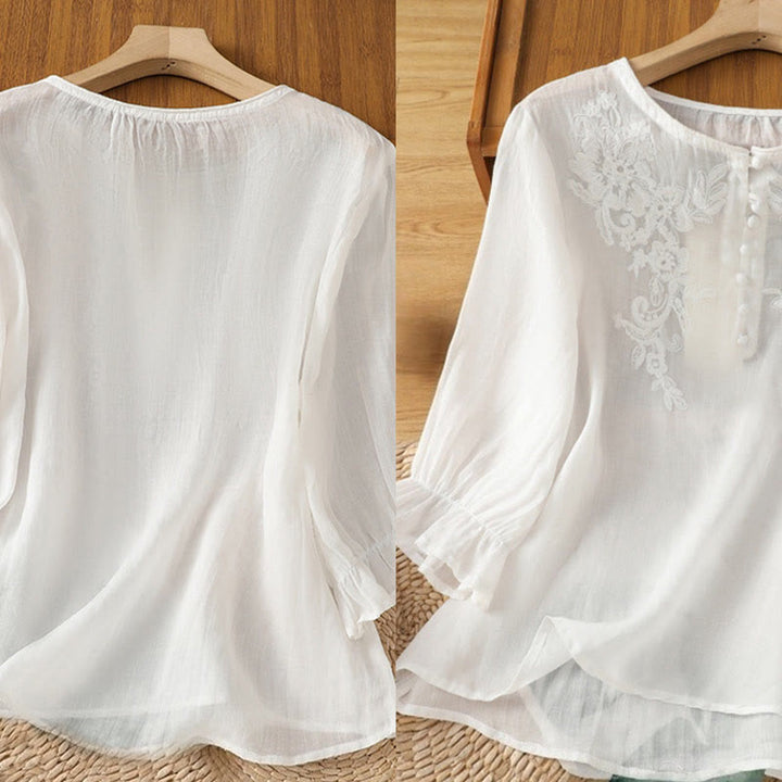 Camicia da donna con scollo rotondo e maniche a tre quarti, ricamata con fiori e viticci Buddha Stones. - image 16