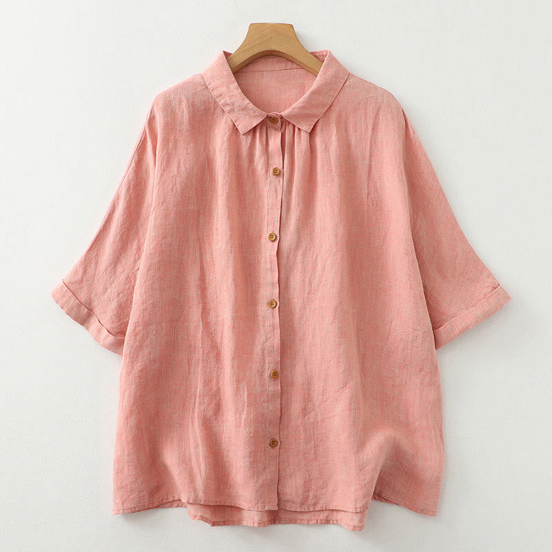 Camicia da donna in cotone e lino con maniche a mezza manica, casual, con bottoni semplici, motivo Buddha Stones - Salmone - US12, UK/AU16, EU44 (2XL) - image 9