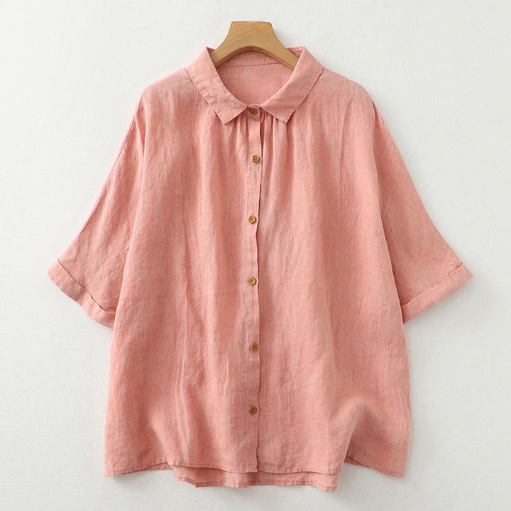 Camicia da donna in cotone e lino con maniche a mezza manica, casual, con bottoni semplici, motivo Buddha Stones - Salmone - US12, UK/AU16, EU44 (2XL) - image 9