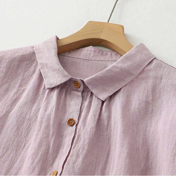Camicia da donna a maniche corte con bottoni e stampa Buddha Stones, stile casual. - image 2