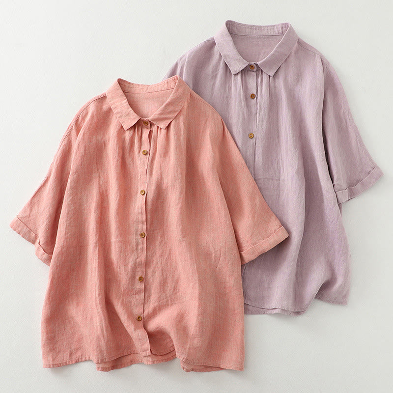 Camicia da donna in cotone e lino con maniche a mezza manica, casual, con bottoni semplici, motivo Buddha Stones - image 1