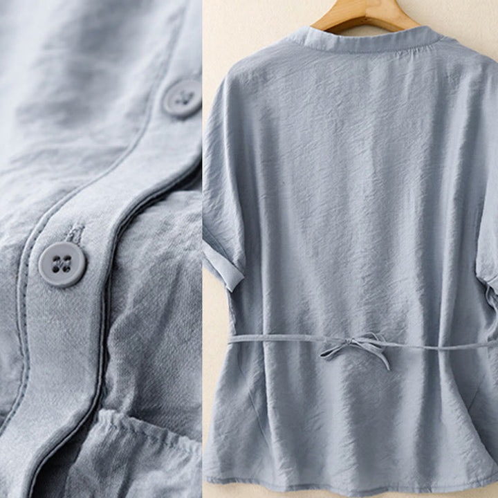 Buddha Stones Camicia estiva da donna in cotone a maniche corte con bottoni e lacci - image 2