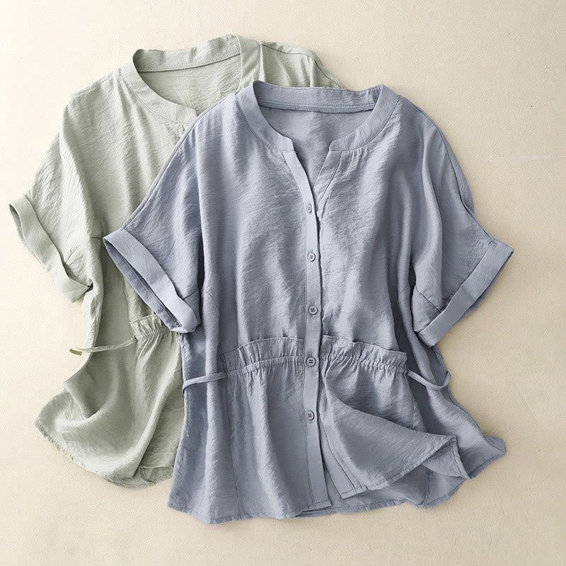 Buddha Stones Camicia estiva da donna in cotone a maniche corte con bottoni e lacci - image 9