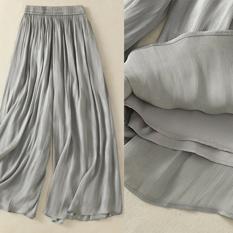 Pantaloni larghi da donna con elastico in vita, modello plissettato grigio chiaro, con tasche e motivo Buddha Stones - image 4
