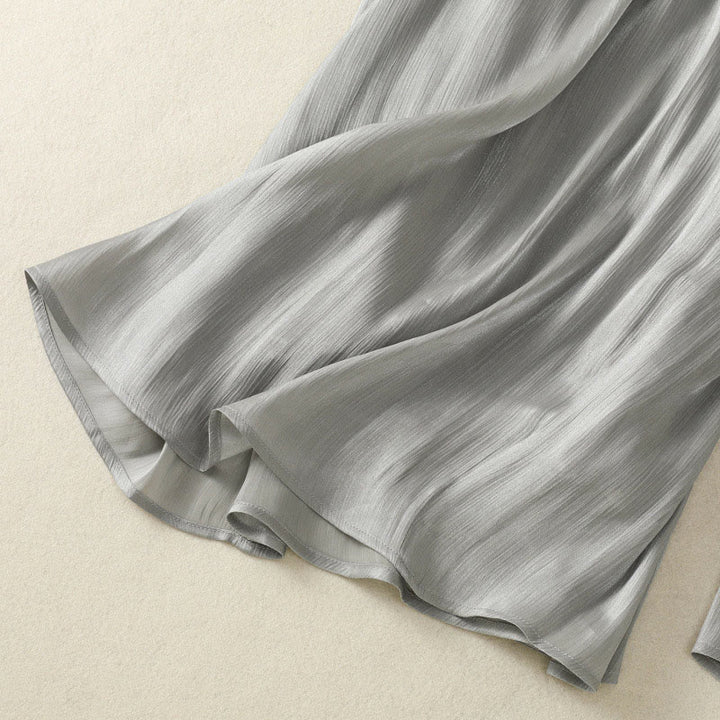 Pantaloni larghi da donna con elastico in vita, modello plissettato grigio chiaro, con tasche e motivo Buddha Stones - image 11