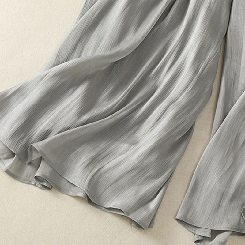 Pantaloni larghi da donna con elastico in vita, modello plissettato grigio chiaro, con tasche e motivo Buddha Stones - image 12