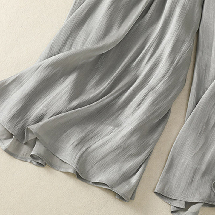 Pantaloni larghi da donna con elastico in vita, modello plissettato grigio chiaro, con tasche e motivo Buddha Stones - image 13