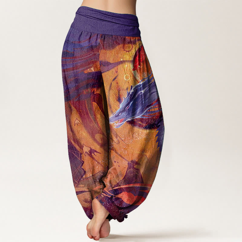 Pantaloni harem da donna con elastico in vita, in puro cotone, con motivo a nuvole di buon auspicio e drago, motivo Buddha Stones