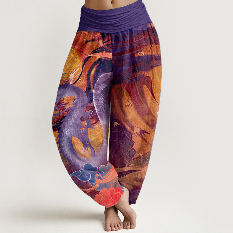 Pantaloni harem da donna con elastico in vita, in puro cotone, con motivo a nuvole di buon auspicio e drago, motivo Buddha Stones