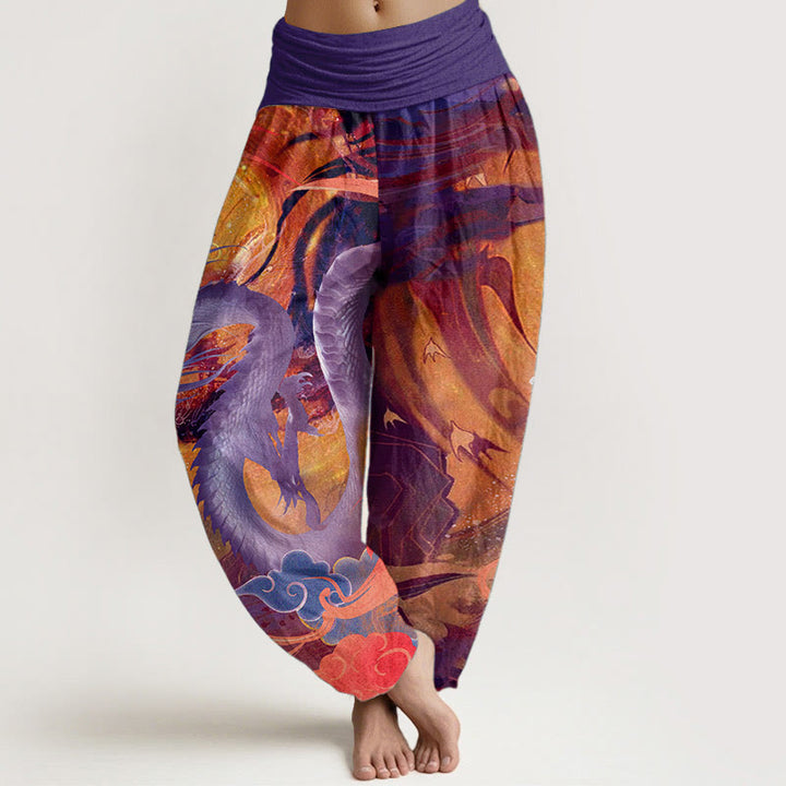 Pantaloni harem da donna con elastico in vita, in puro cotone, con motivo a nuvole di buon auspicio e drago, motivo Buddha Stones
