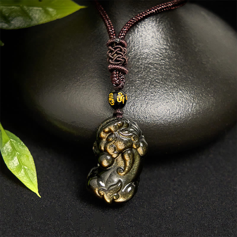 Collana con ciondolo in corda della ricchezza PiXiu in ossidiana lucida dorata Buddha Stones - image 2