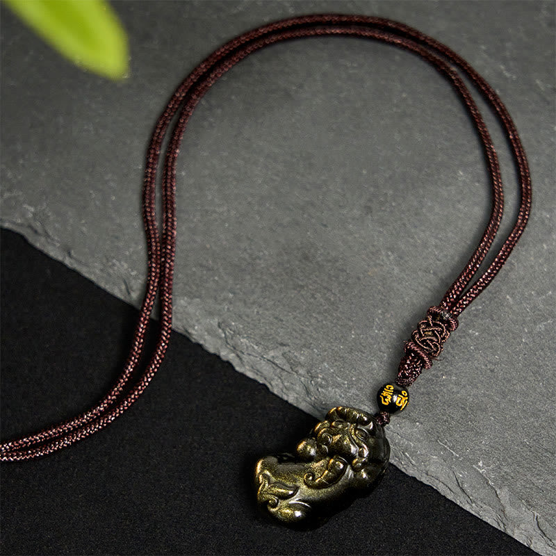 Collana con ciondolo in corda della ricchezza PiXiu in ossidiana lucida dorata Buddha Stones - image 4