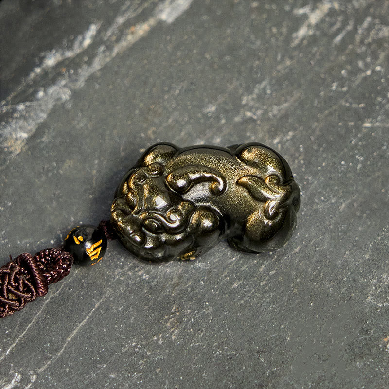 Collana con ciondolo in corda della ricchezza PiXiu in ossidiana lucida dorata Buddha Stones - image 3
