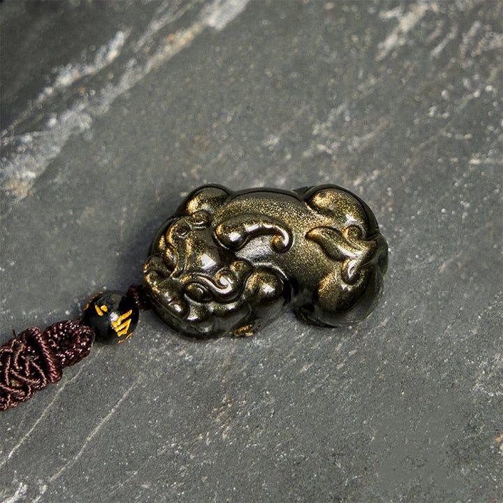Collana con ciondolo in corda della ricchezza PiXiu in ossidiana lucida dorata Buddha Stones - image 3