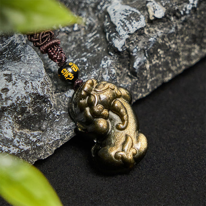 Collana con ciondolo in corda della ricchezza PiXiu in ossidiana lucida dorata Buddha Stones - Collana PiXiu - image 1