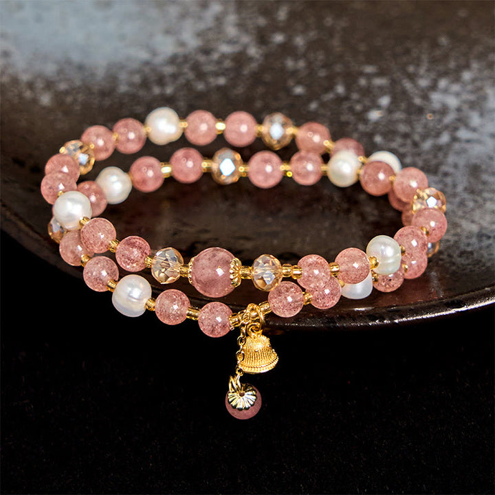 Braccialetto a doppio giro con perle di quarzo fragola naturale Buddha Stones