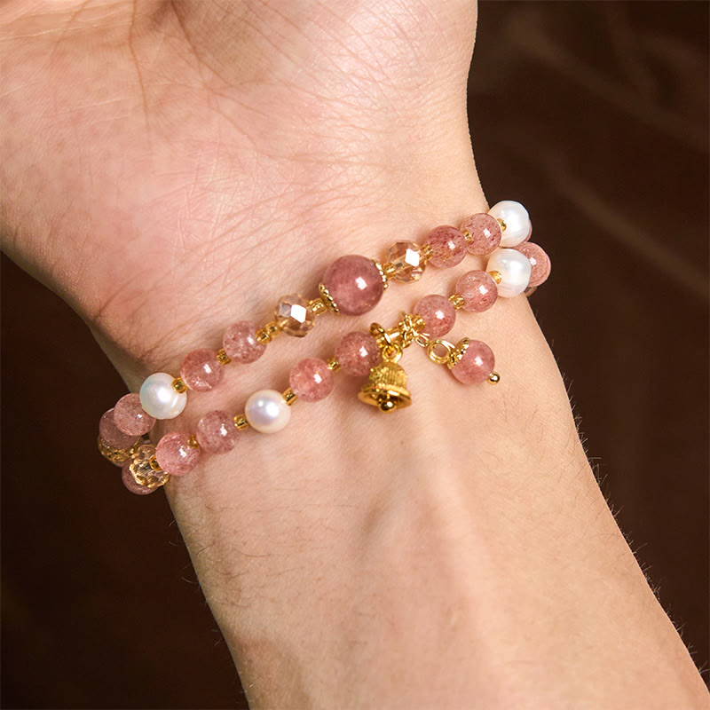 Braccialetto a doppio giro con perle di quarzo fragola naturale Buddha Stones
