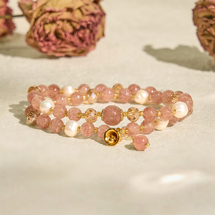 Braccialetto a doppio giro con perle di quarzo fragola naturale Buddha Stones