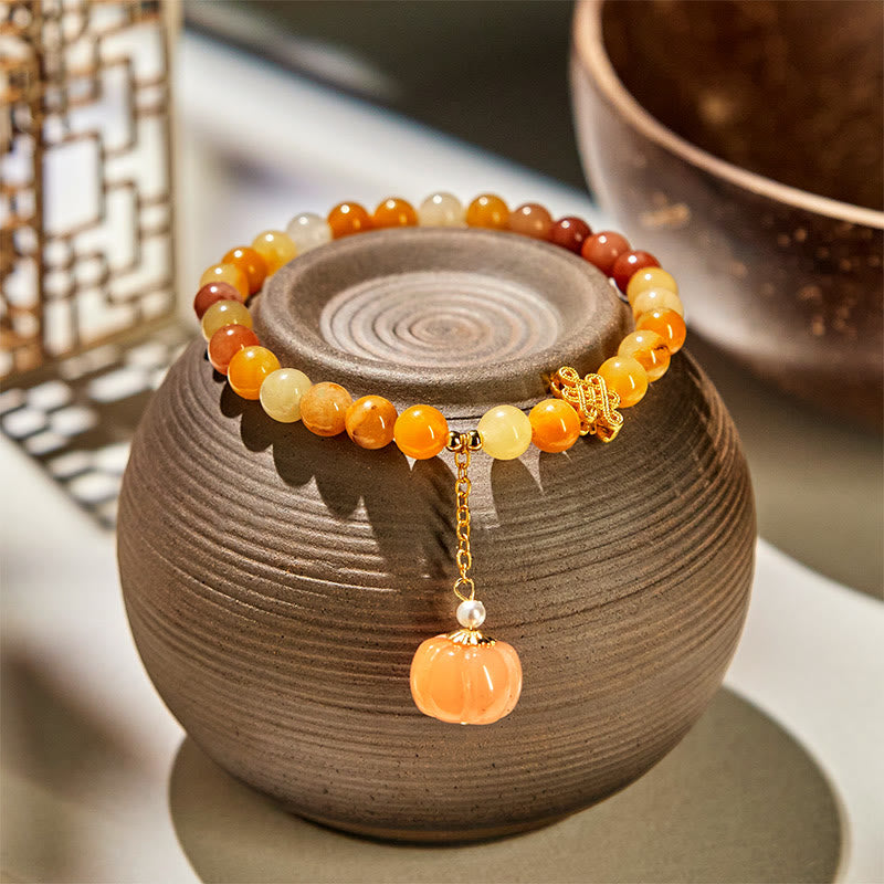Bracciale della ricchezza con zucca, nodo cinese, Buddha Stones e giada di seta dorata