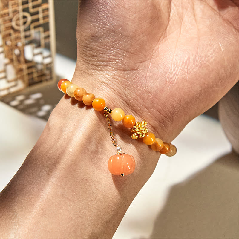 Bracciale della ricchezza con zucca, nodo cinese, Buddha Stones e giada di seta dorata