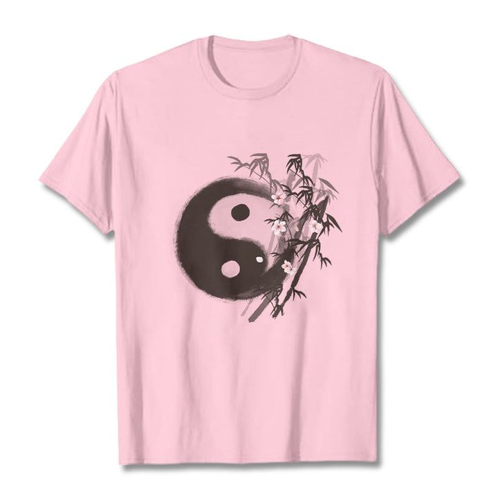 Buddha Stones Maglietta con motivo Yin Yang di bambù e fiori di ciliegio - Rosa chiaro - 2XL - image 11