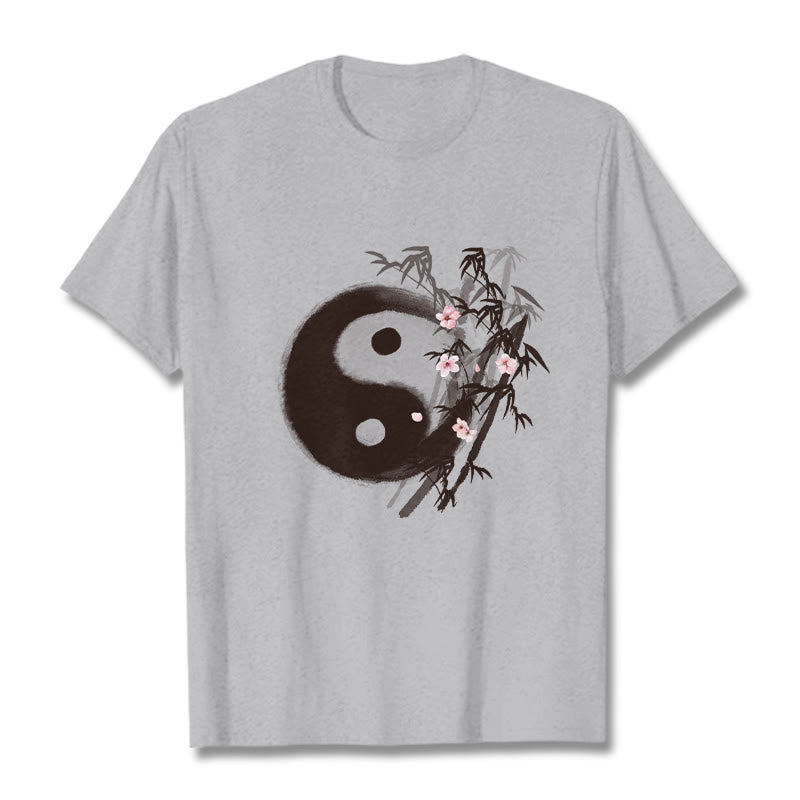 Buddha Stones Maglietta con motivo Yin Yang di bambù e fiori di ciliegio - Grigio chiaro - 2XL - image 18