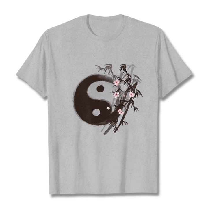 Buddha Stones Maglietta con motivo Yin Yang di bambù e fiori di ciliegio - Grigio chiaro - 2XL - image 18