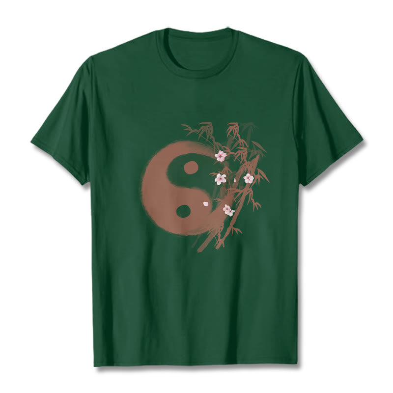 Buddha Stones Maglietta con motivo Yin Yang di bambù e fiori di ciliegio - Verde studentesco - 2XL - image 9