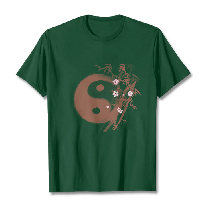 Buddha Stones Maglietta con motivo Yin Yang di bambù e fiori di ciliegio - Verde studentesco - 2XL - image 9