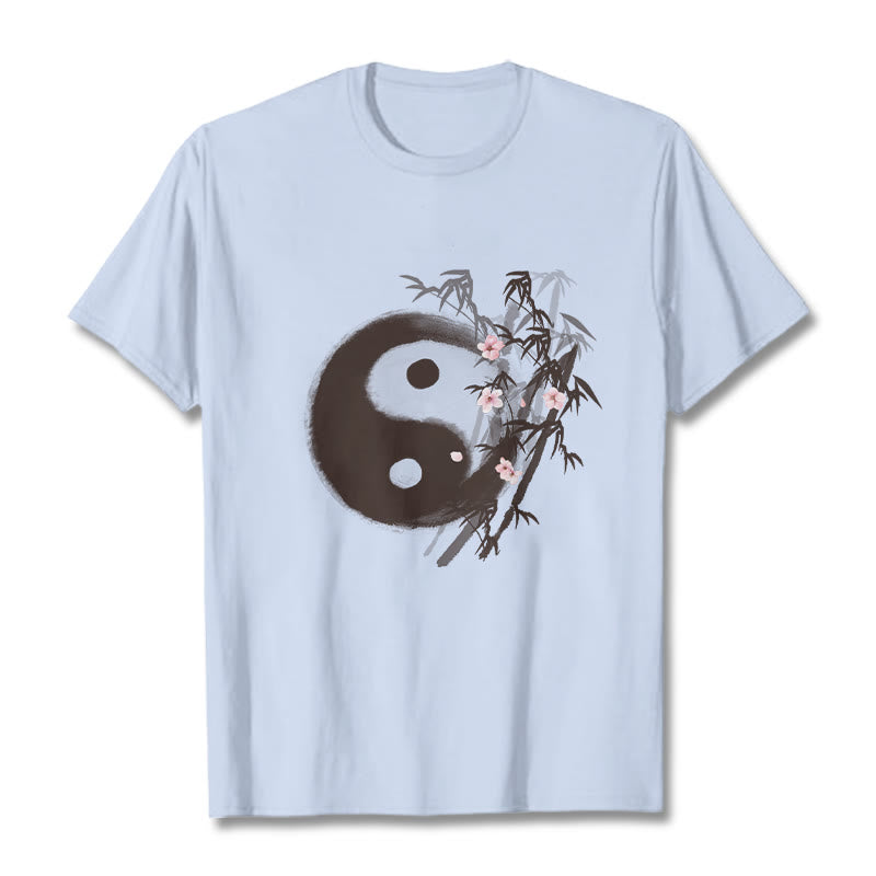 Buddha Stones Maglietta con motivo Yin Yang di bambù e fiori di ciliegio - Ciano chiaro - 2XL - image 17