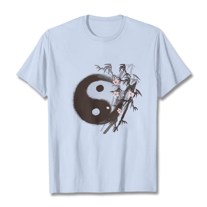 Buddha Stones Maglietta con motivo Yin Yang di bambù e fiori di ciliegio - Ciano chiaro - 2XL - image 17