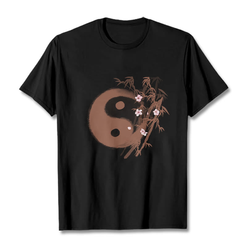 Buddha Stones Maglietta con motivo Yin Yang di bambù e fiori di ciliegio - Nero - 2XL - image 3